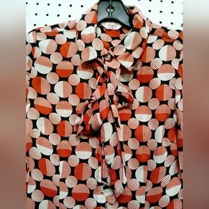 Original Penguin Orange and Black Graphic Tie Neck Blouse